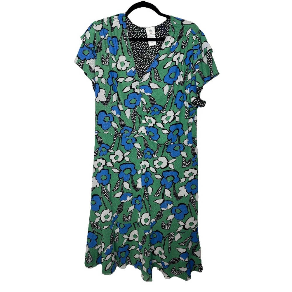 Cabi Women's Dress Large Floral Print Green Blue Ruffle Short Sleeve Polka Dot